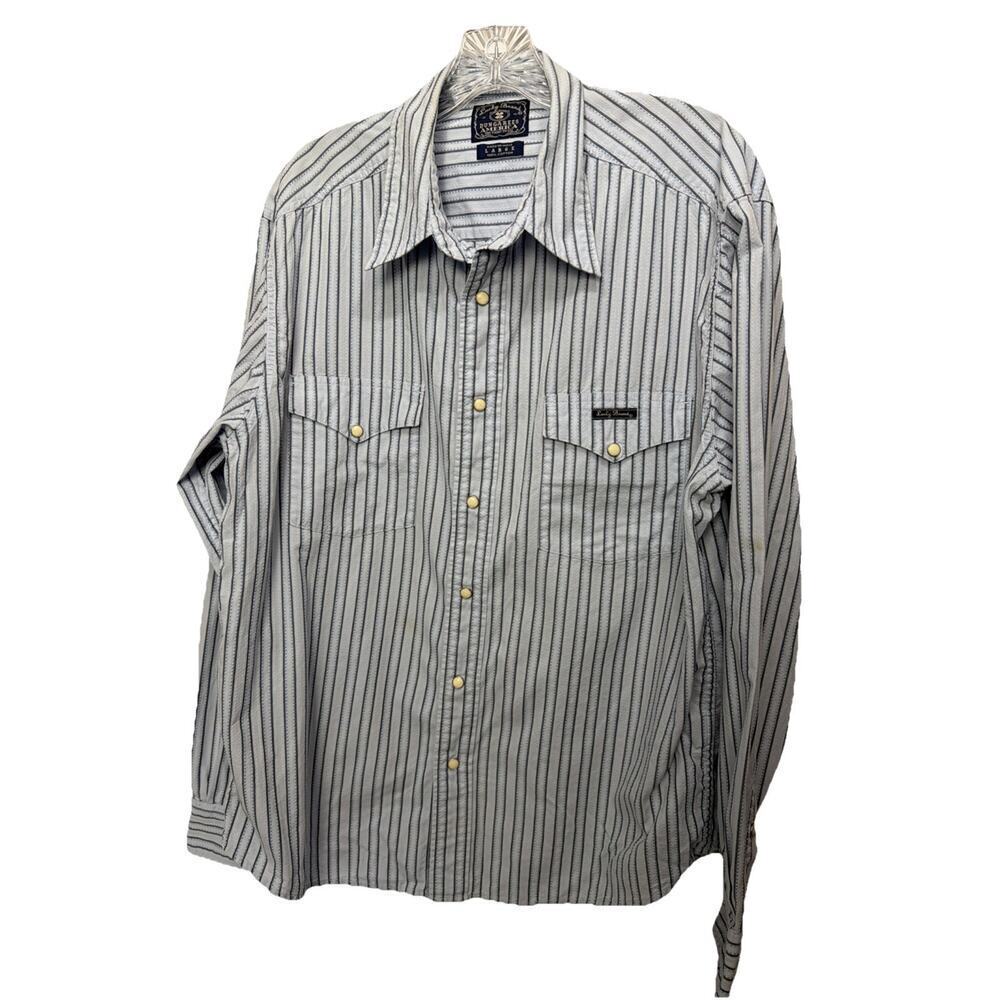 Lucky Brand Western Shirt Men's Large Blue Striped Pearl Snap Pocket Long Sleeve